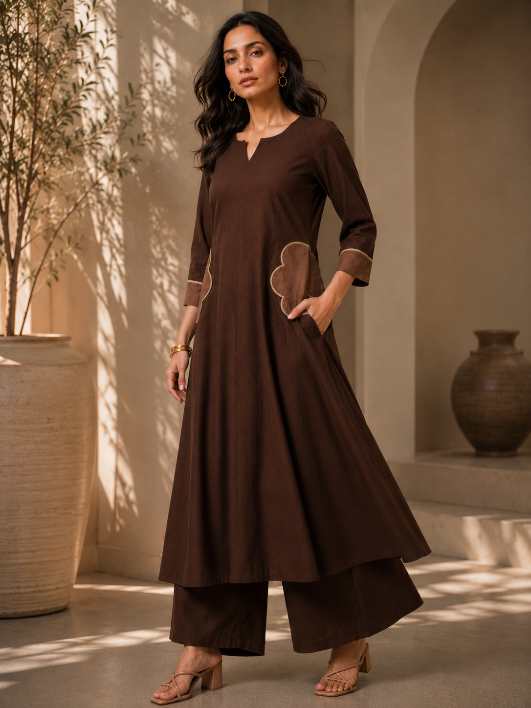 Mocha Bloom Flared Kurta Palazzo Set