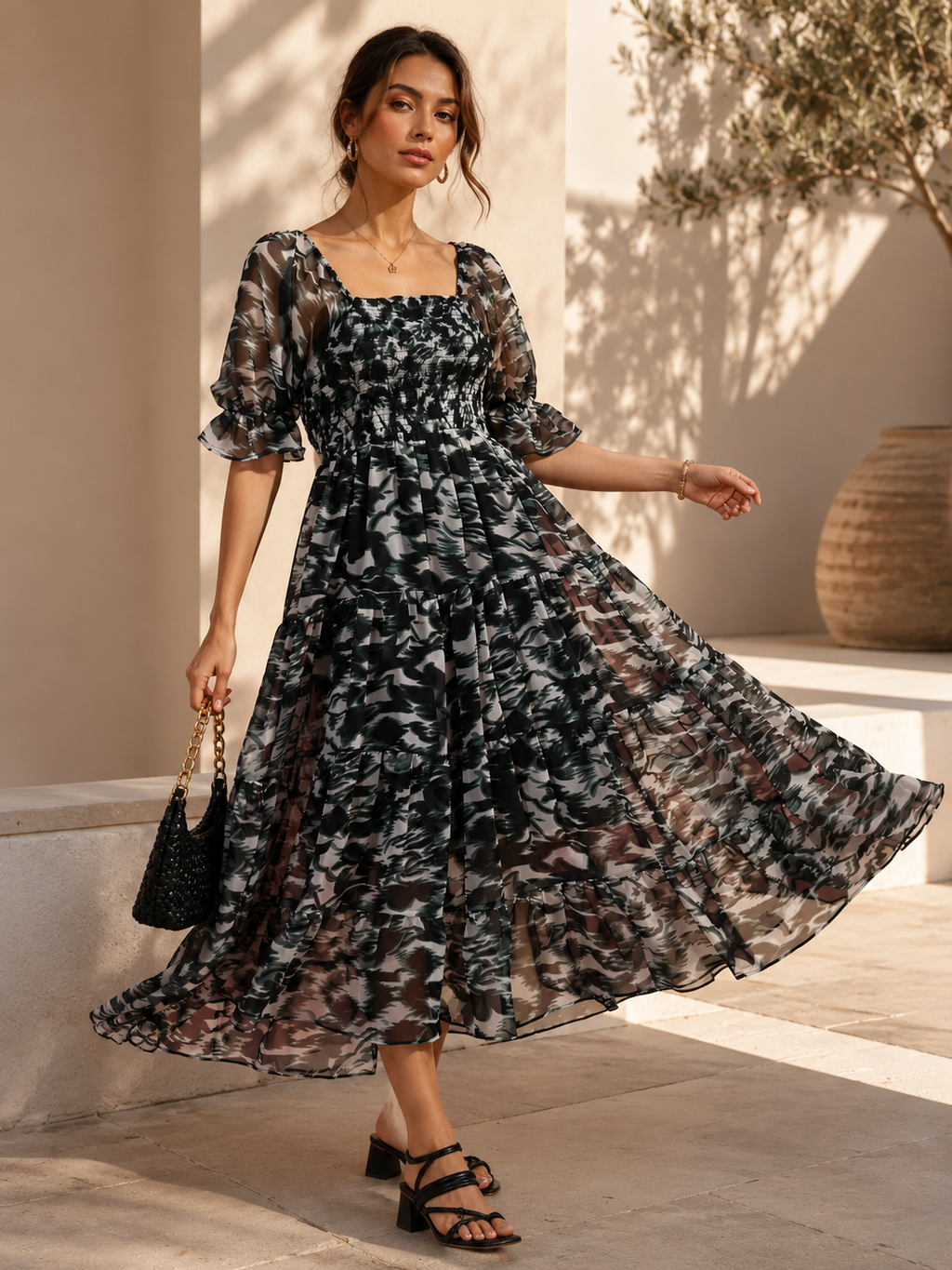 Emerald Bloom Fit and Flare Midi Dress