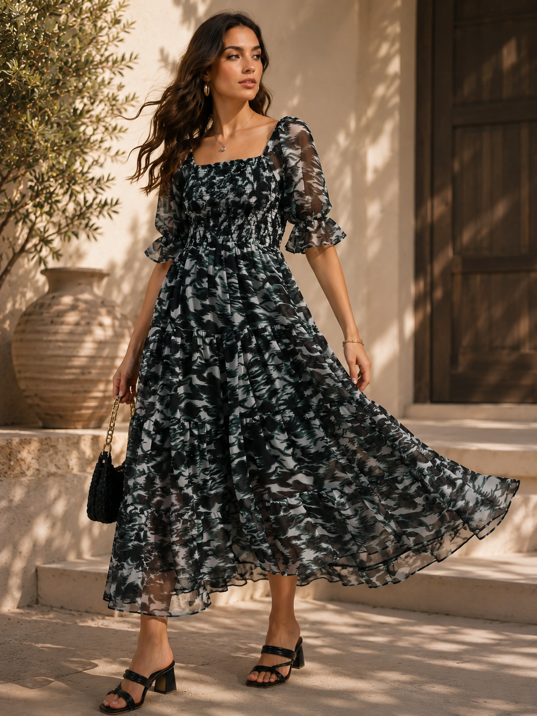 Emerald Bloom Fit and Flare Midi Dress