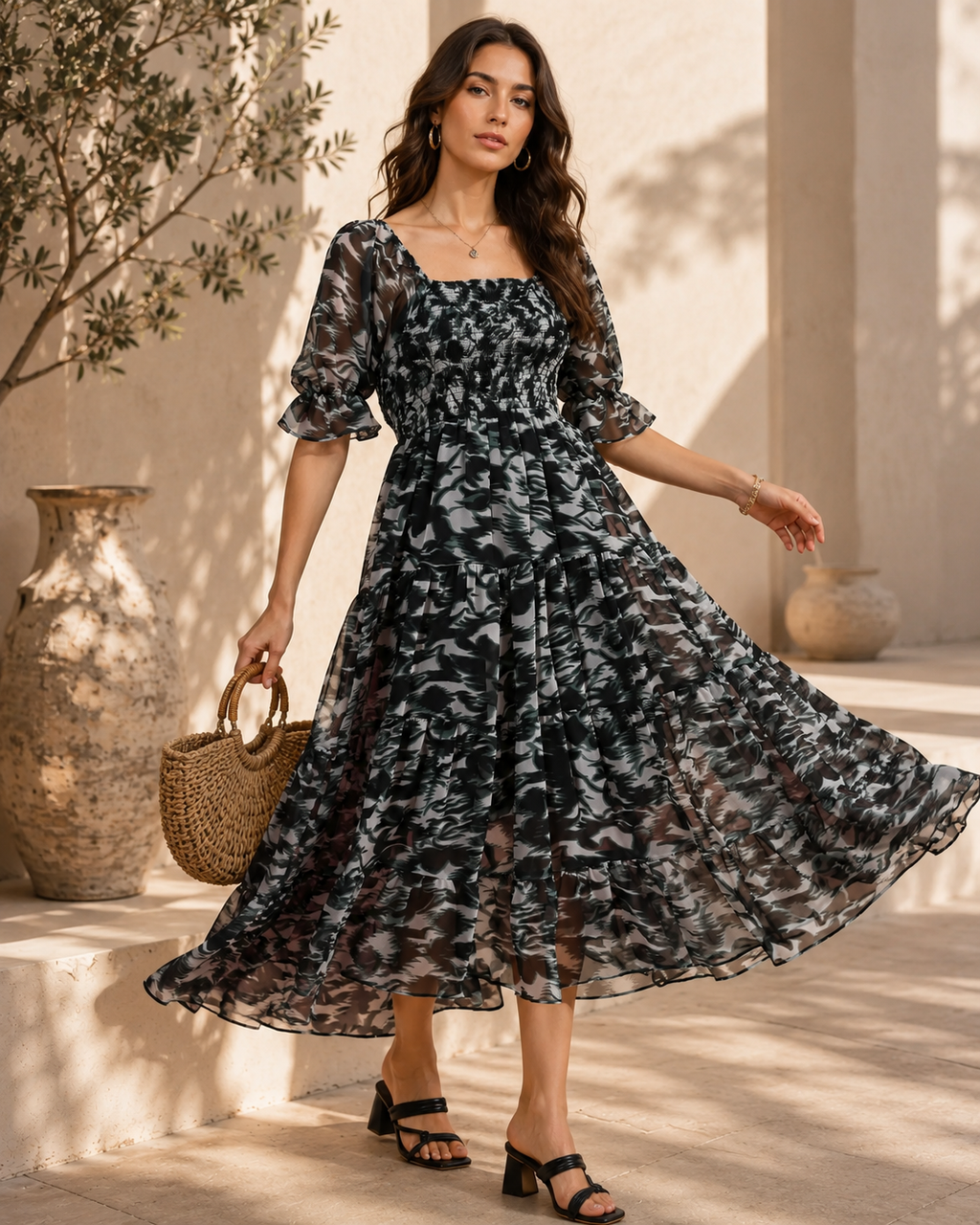 Emerald Bloom Fit and Flare Midi Dress