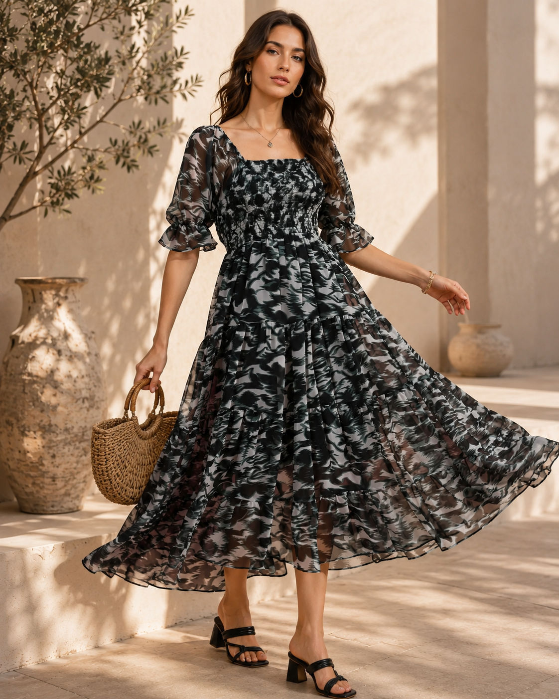 Emerald Bloom Fit and Flare Midi Dress