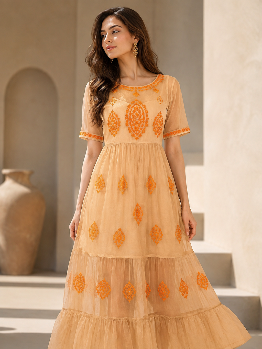Mocha Bloom Embroidered Maxi Dress