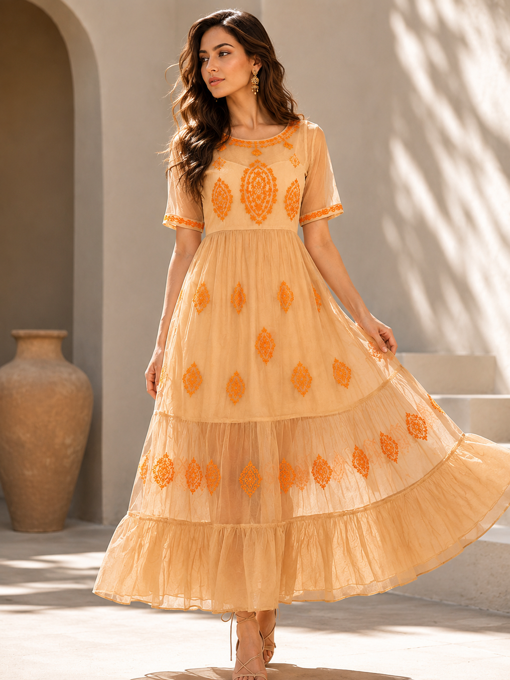Mocha Bloom Embroidered Maxi Dress