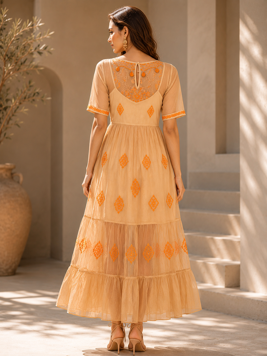 Mocha Bloom Embroidered Maxi Dress