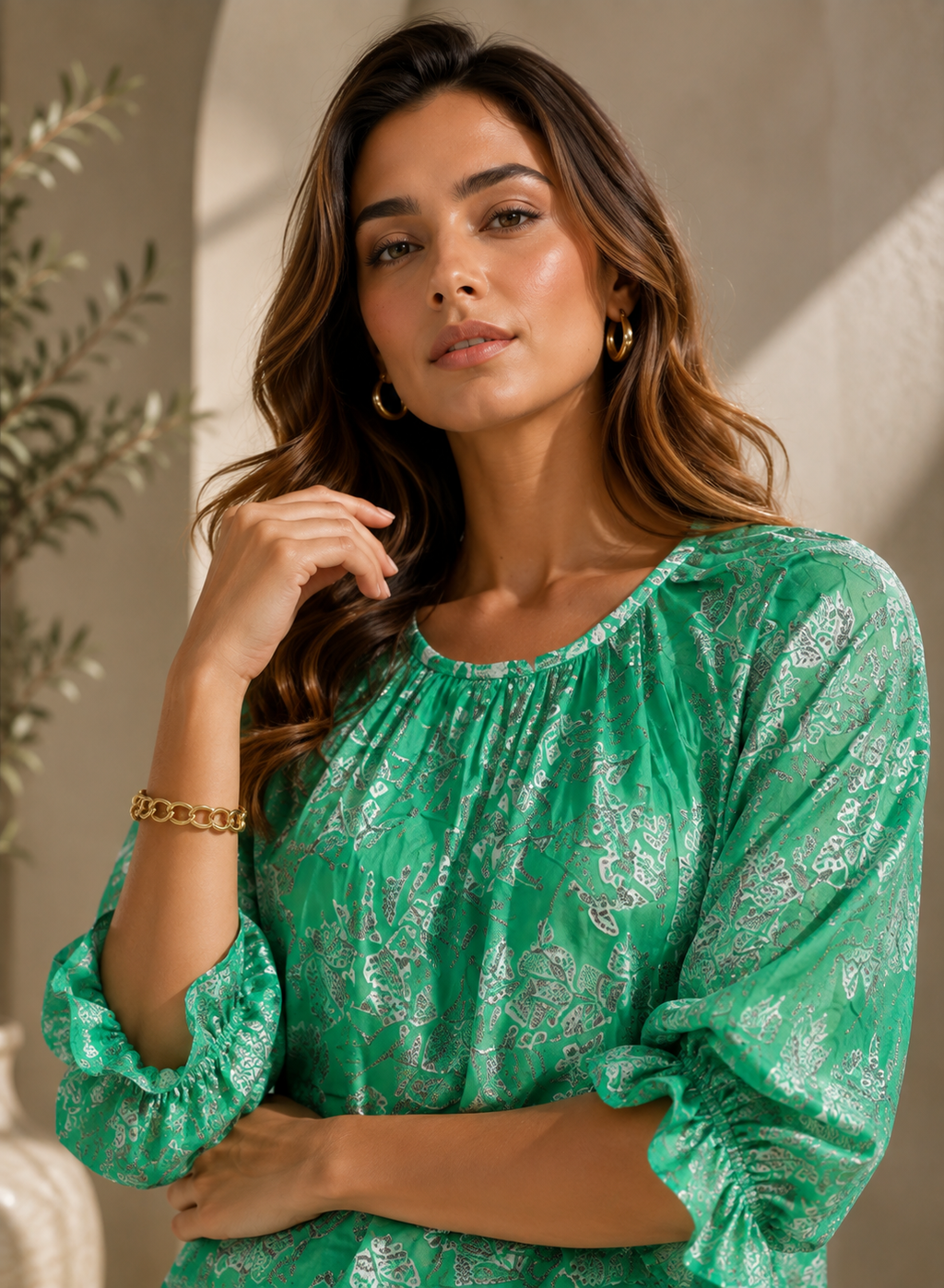 Emerald Bloom Printed Peasant Top