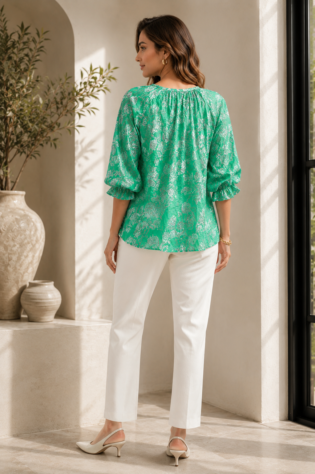 Emerald Bloom Printed Peasant Top