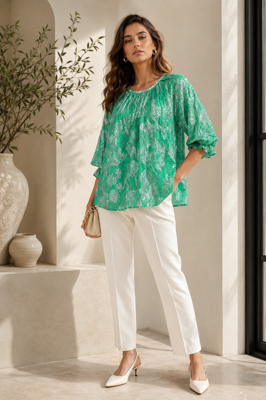 Emerald Bloom Printed Peasant Top