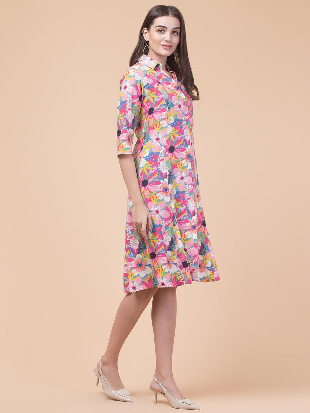 Chic Pink Elegant Shirt Midi Dress