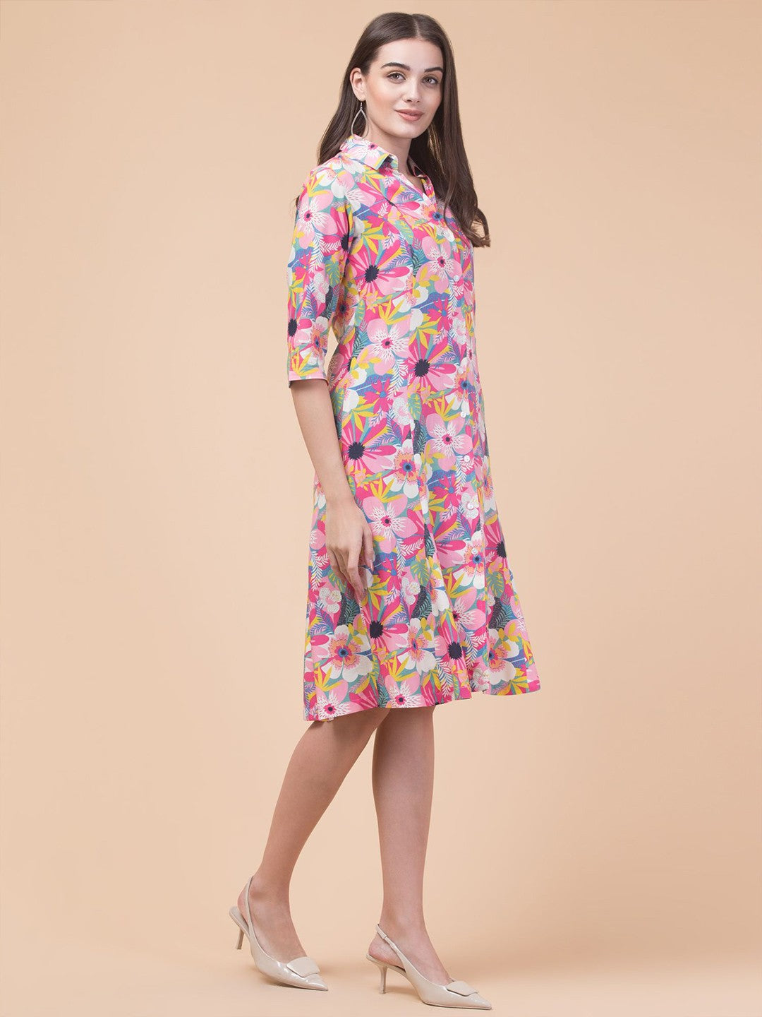 Chic Pink Elegant Shirt Midi Dress