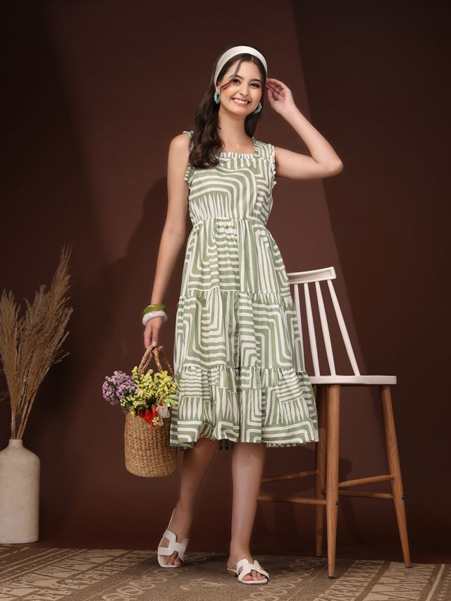 Emerald Bloom Geometric Print Midi Dress