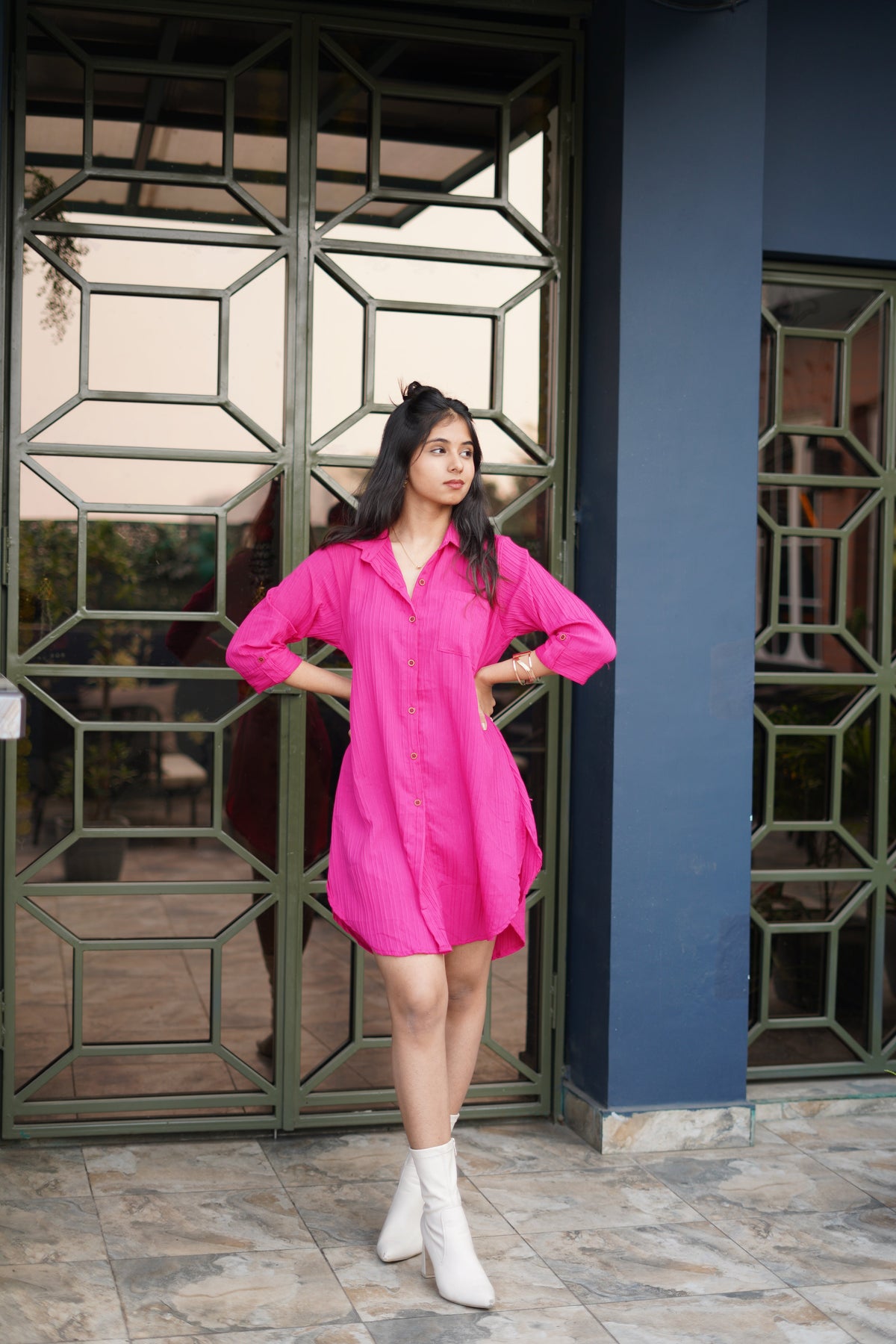 Pink solid Collar Shirt Dress