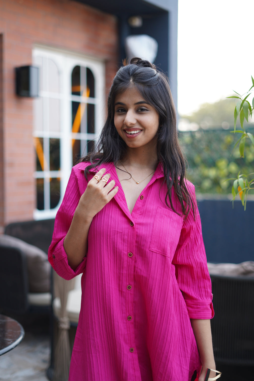 Pink solid Collar Shirt Dress