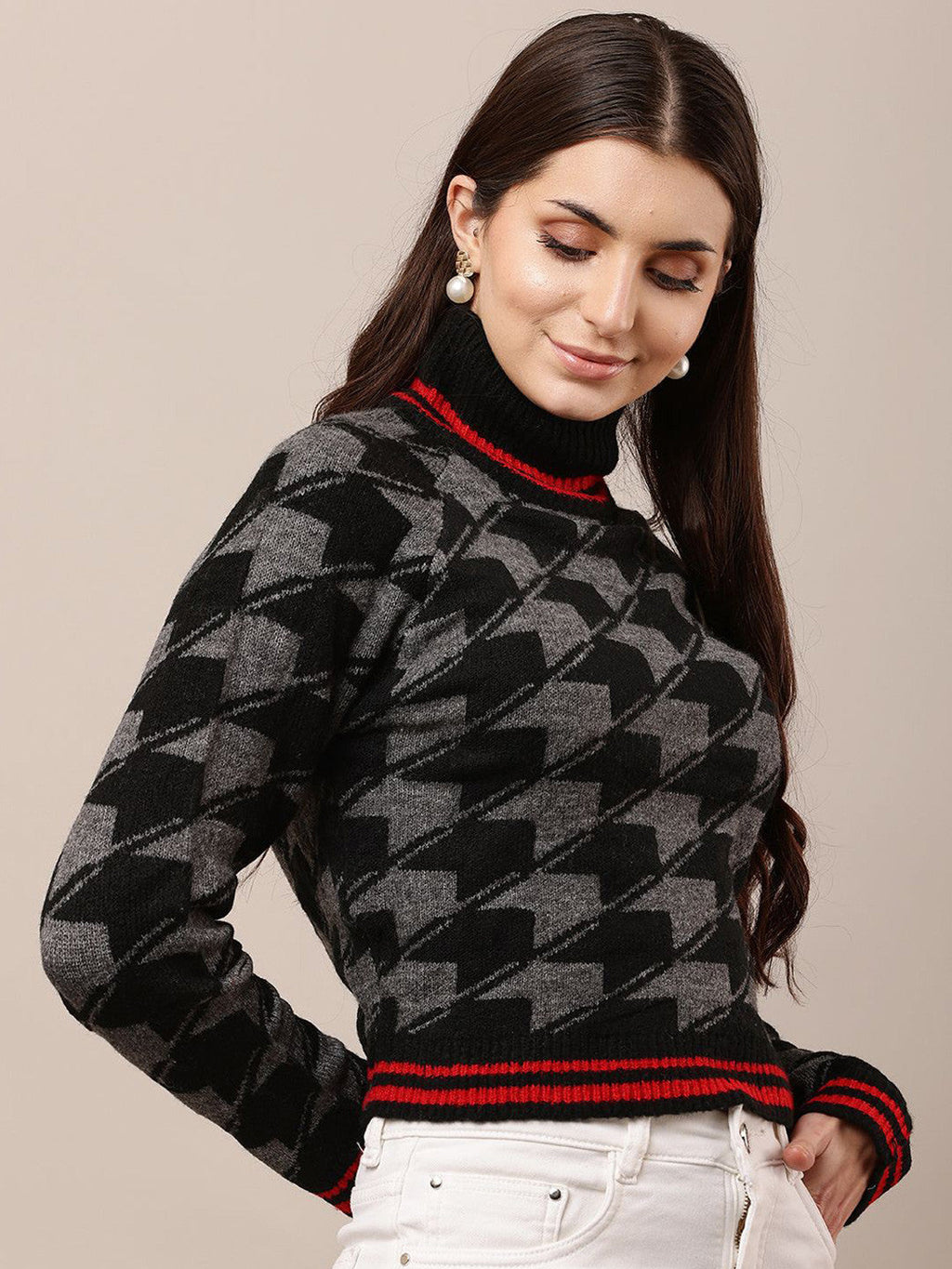 Black Classic High Neck Checked Pullover