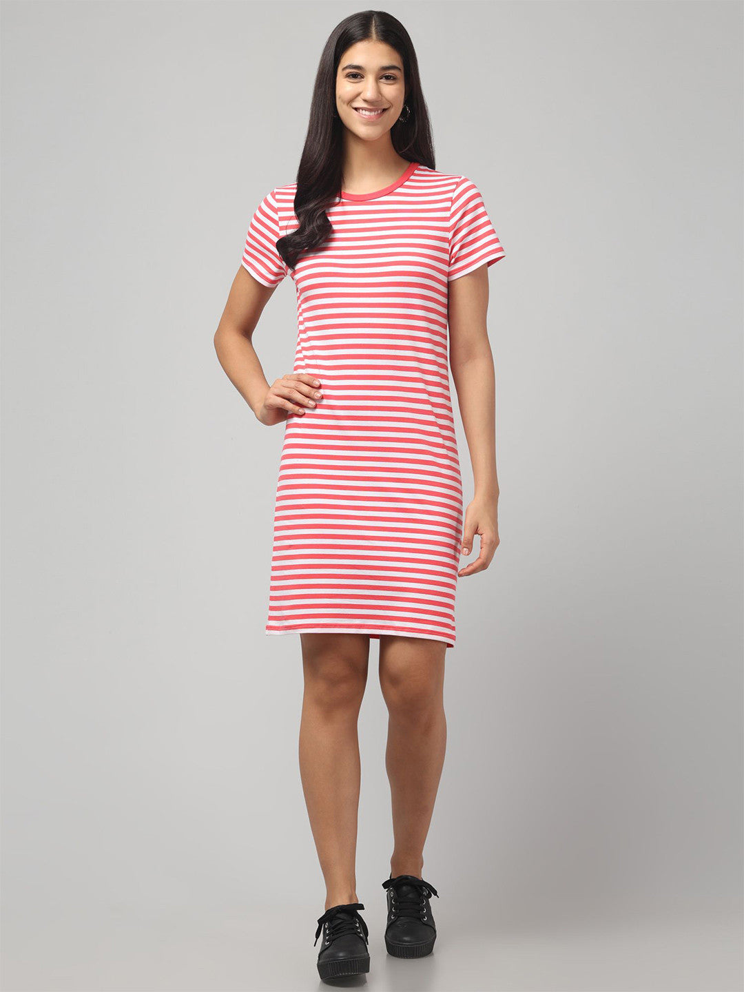 Trendy Red Striped T-Shirt Dress