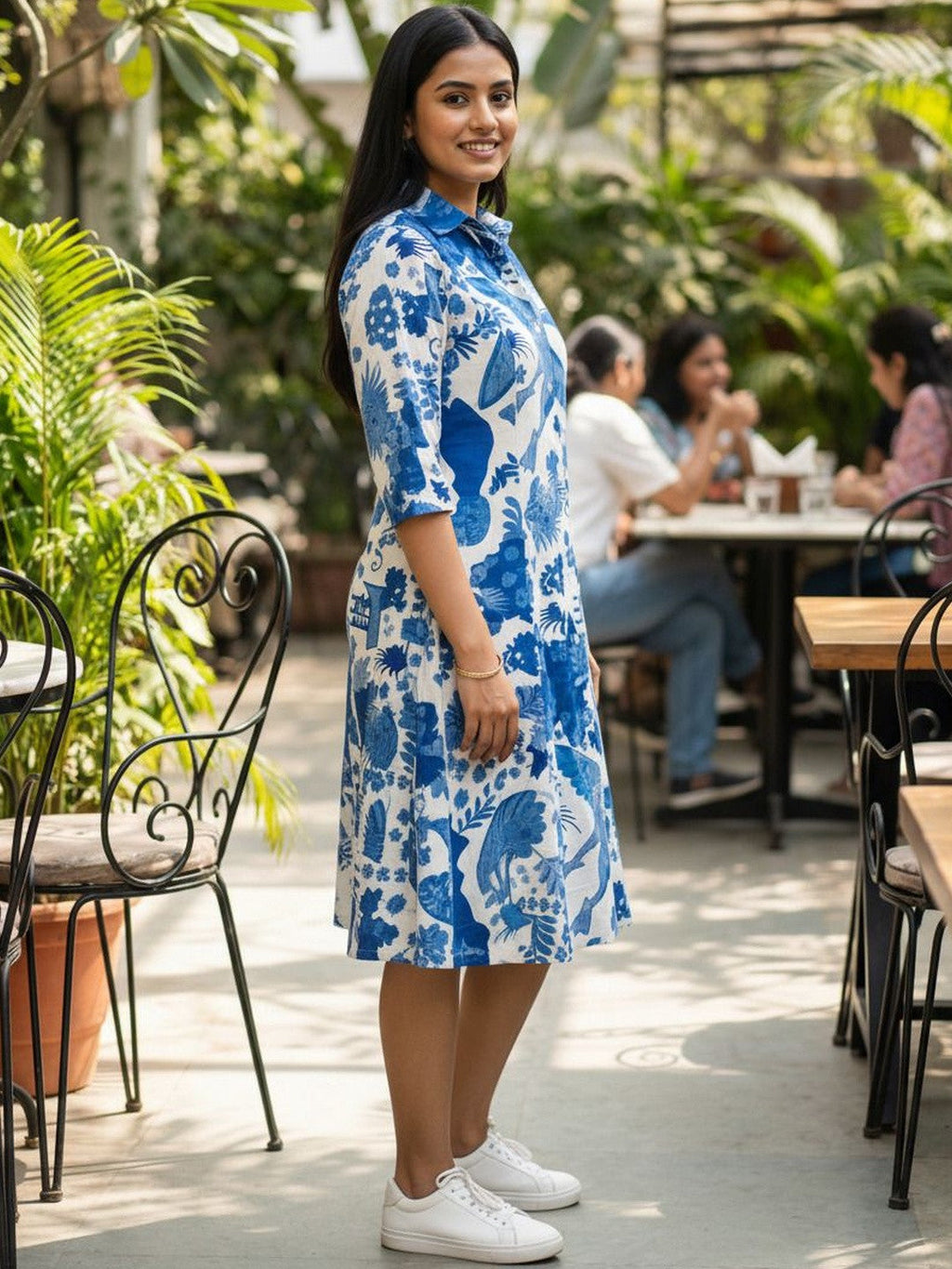Blue Minimal Tropical Print Shirt Dress