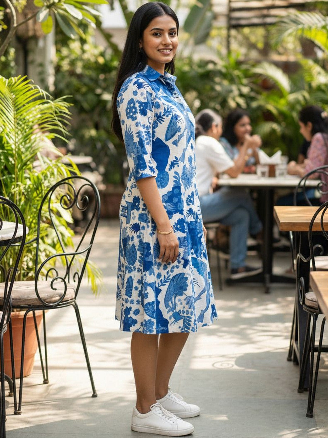 Blue Minimal Tropical Print Shirt Dress