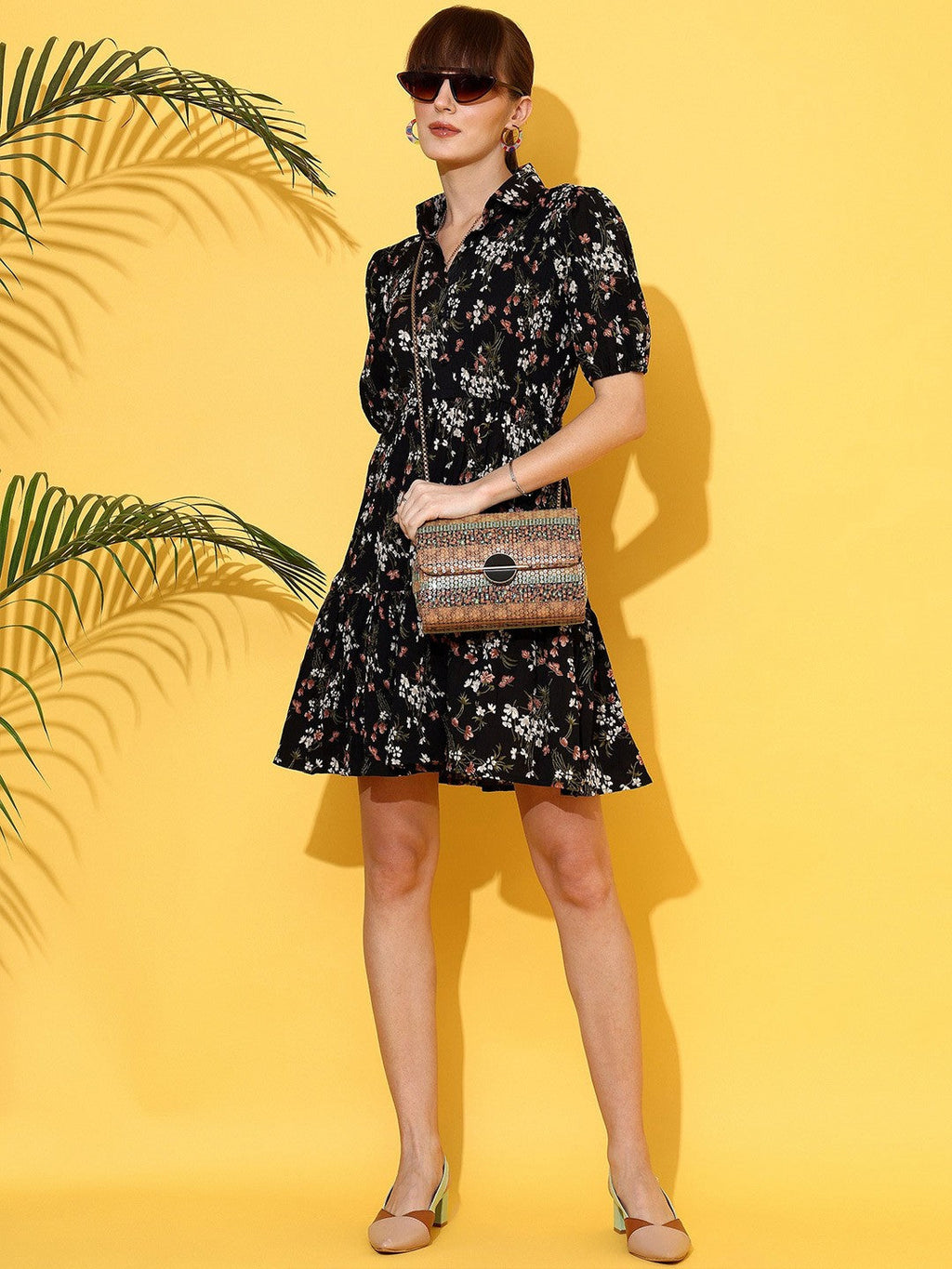 Black Bloom Fit and Flare Mini Dress