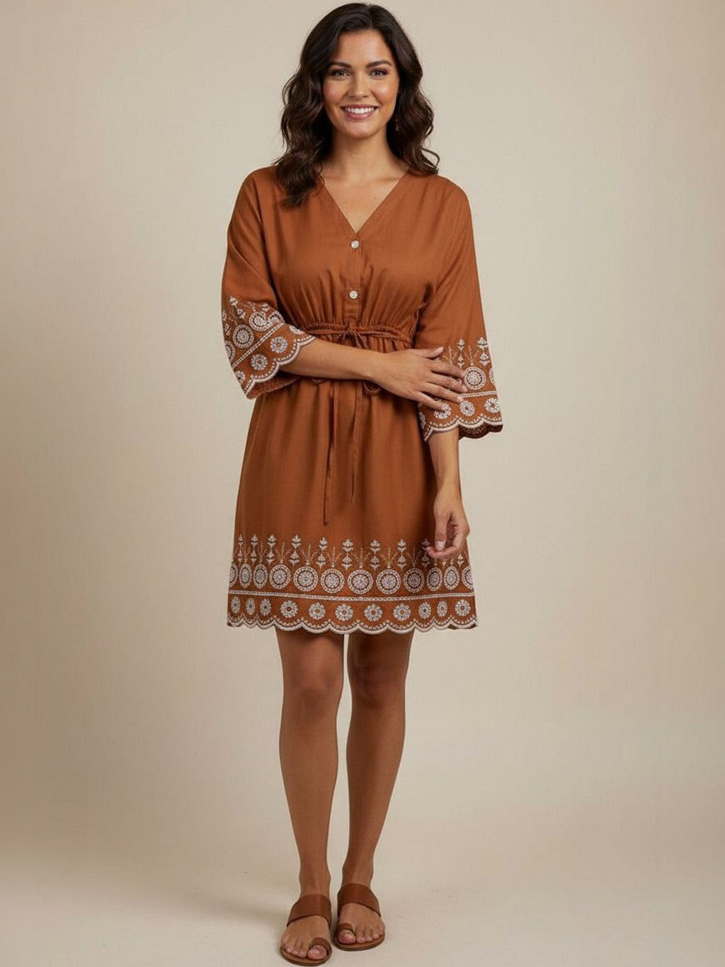 Rust Brown Embroidered A-Line Mini Dress