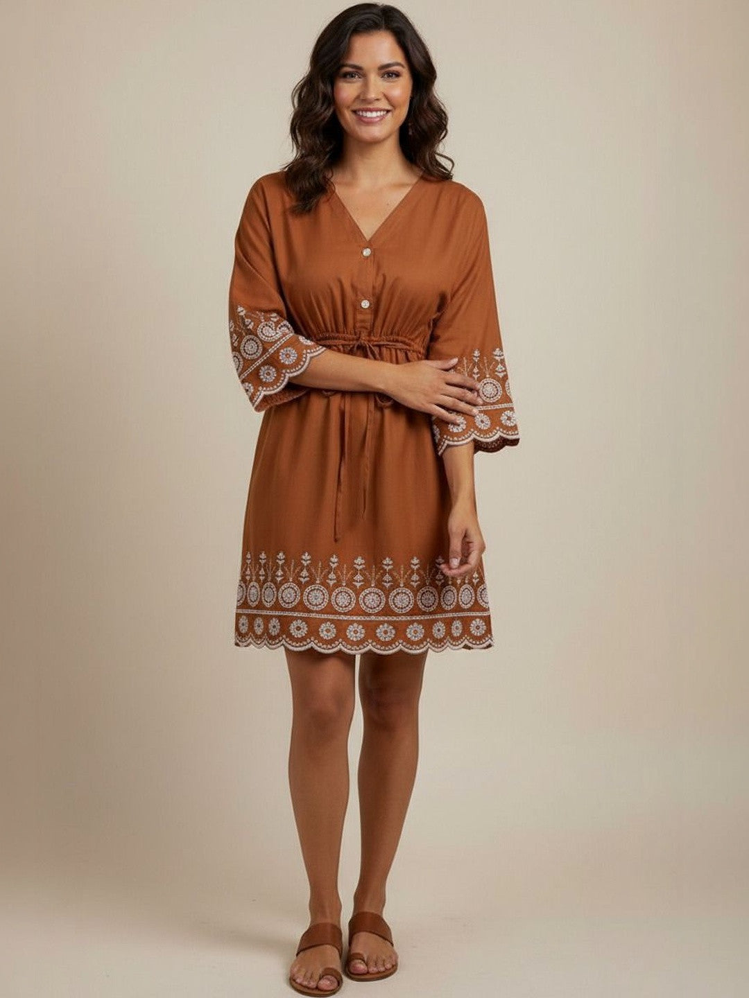 Rust Brown Embroidered A-Line Mini Dress