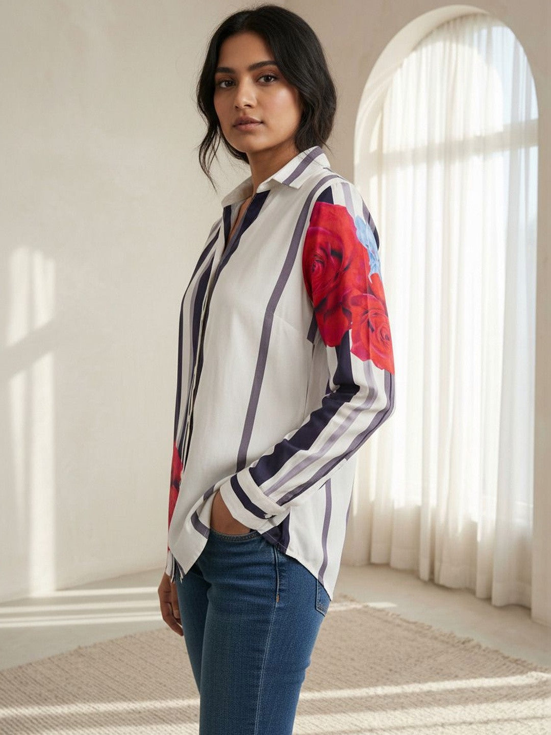 White Floral Elegance Stripe Shirt
