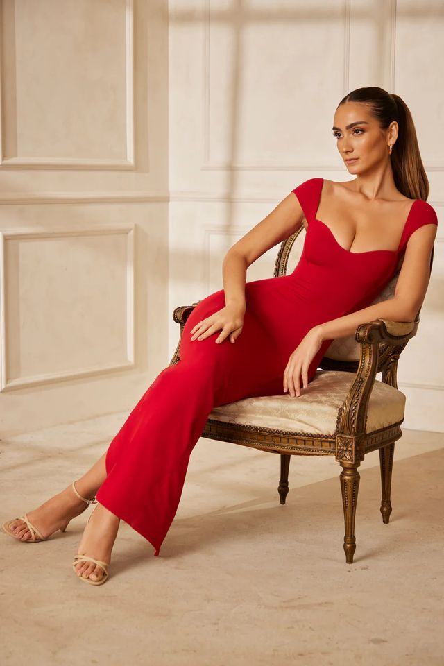 Red Deep Neck Bodycon Dress