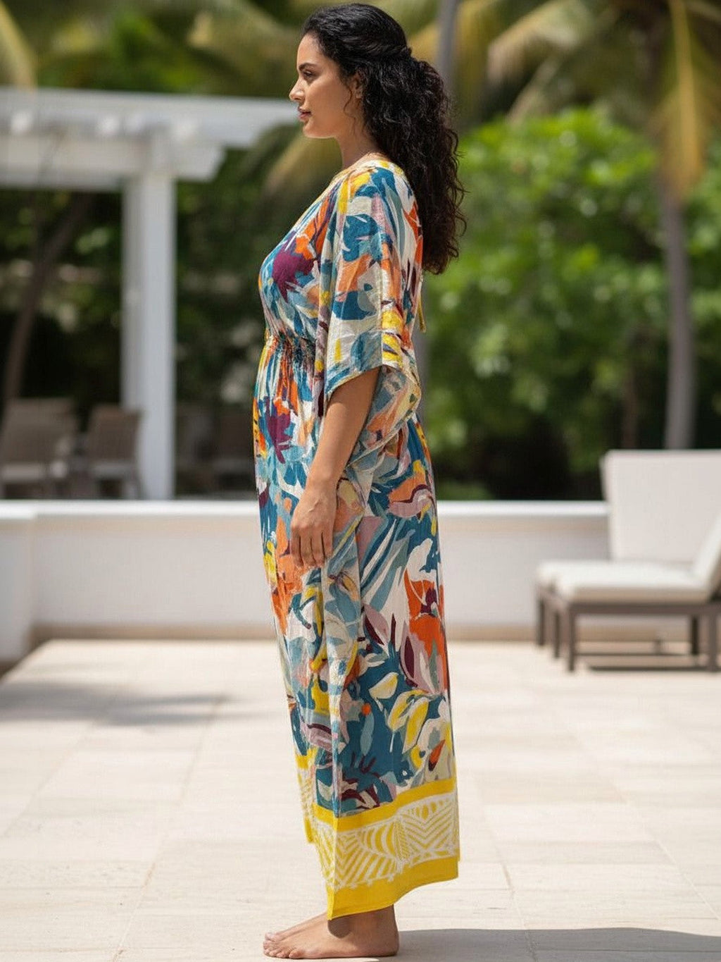 Yellow Abstract Print Kaftan Maxi Dress