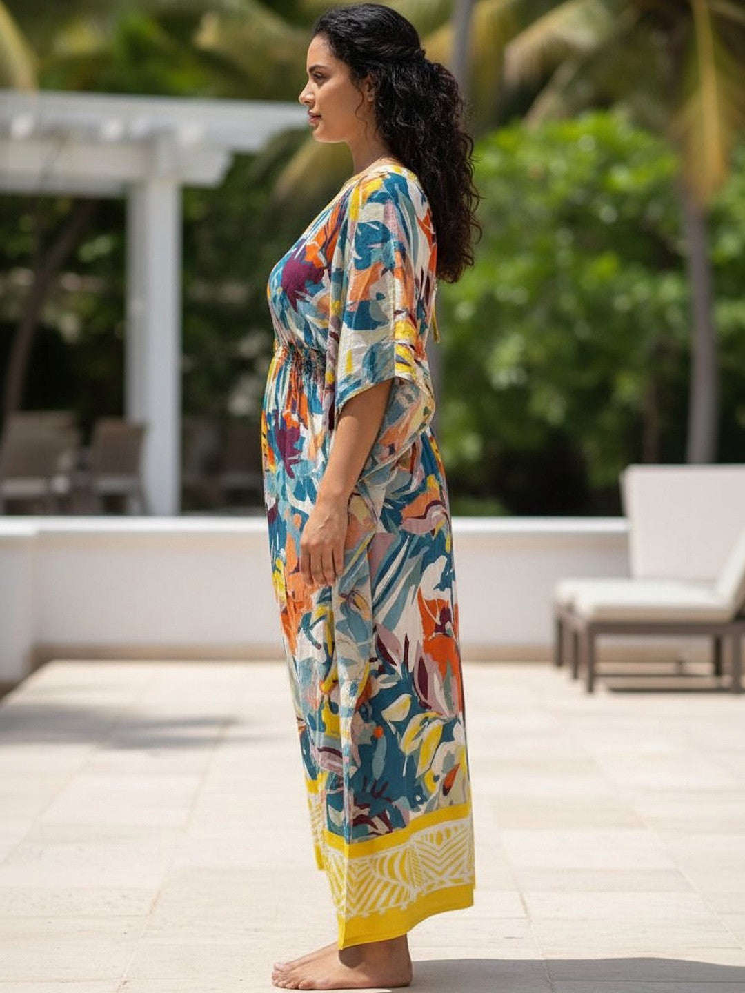 Yellow Abstract Print Kaftan Maxi Dress