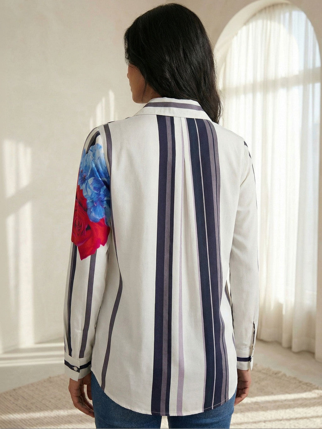 White Floral Elegance Stripe Shirt