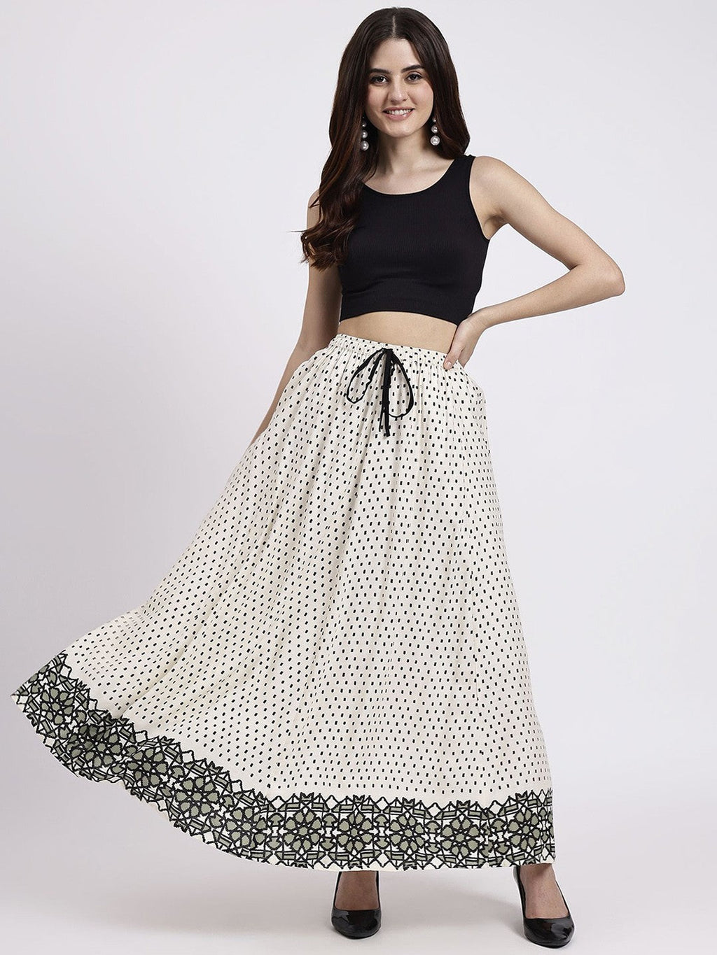 White Abstract Print Maxi Skirt