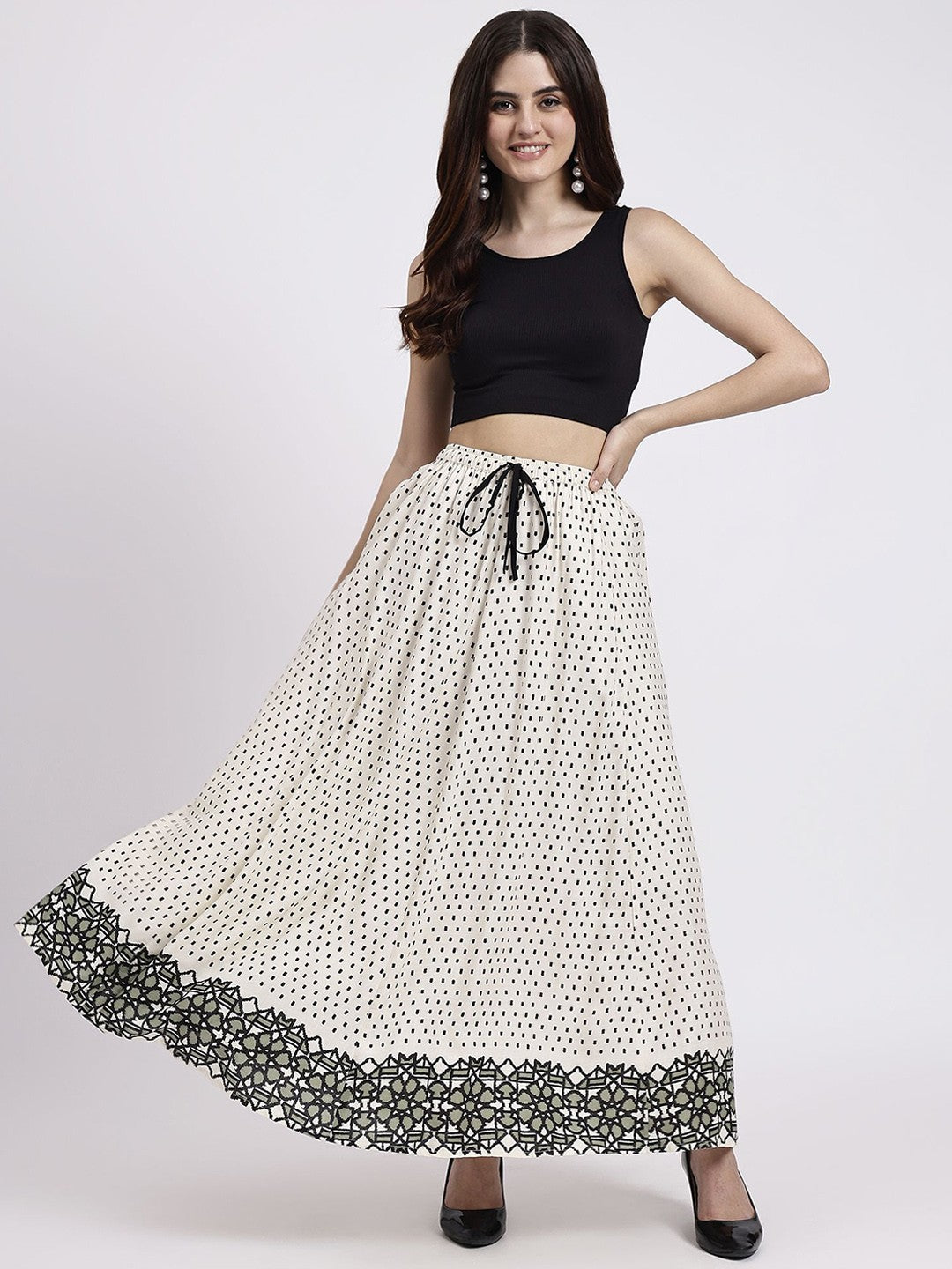 White Abstract Print Maxi Skirt