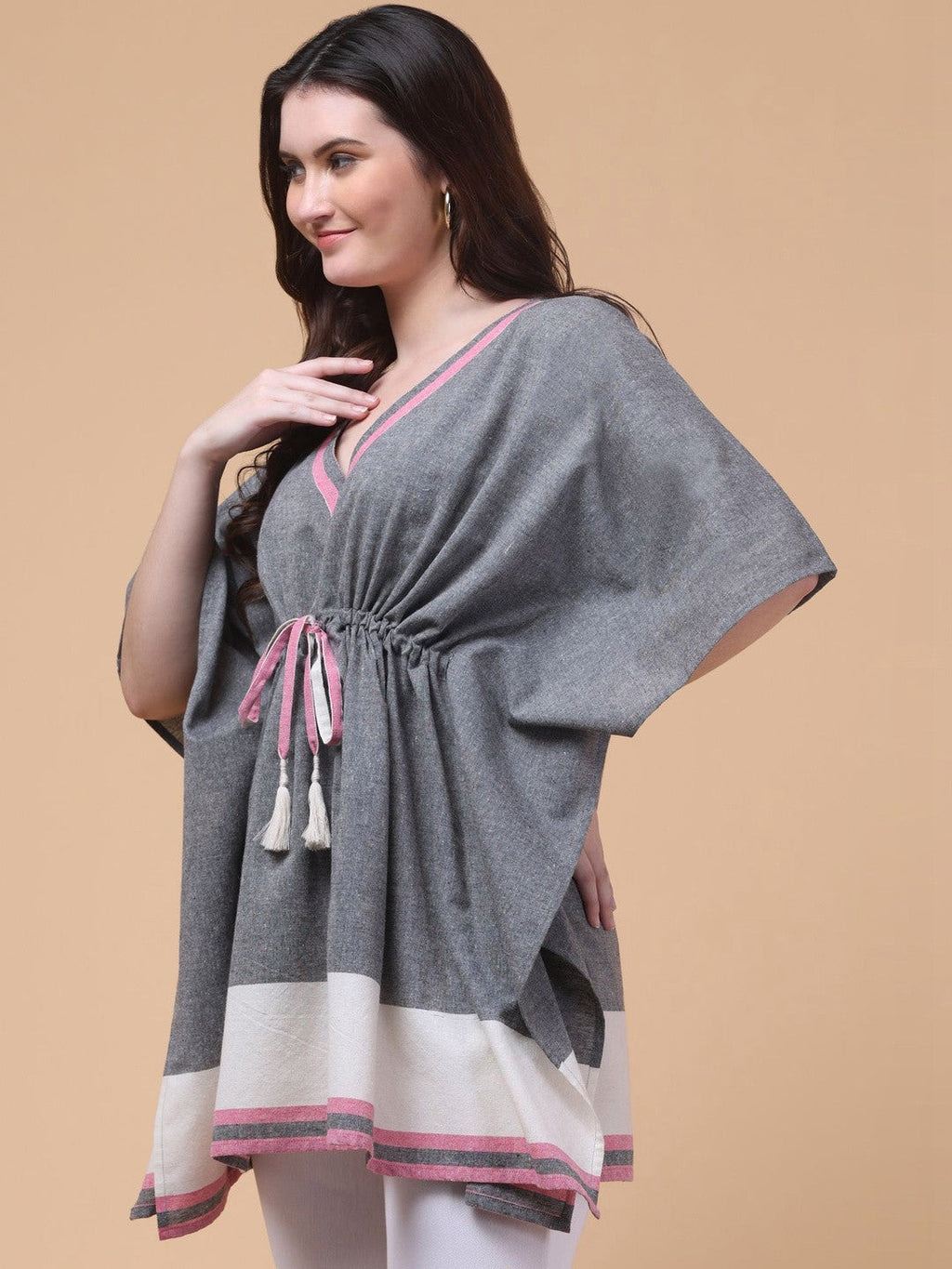 Grey Cotton Tie-Up Kaftan Top