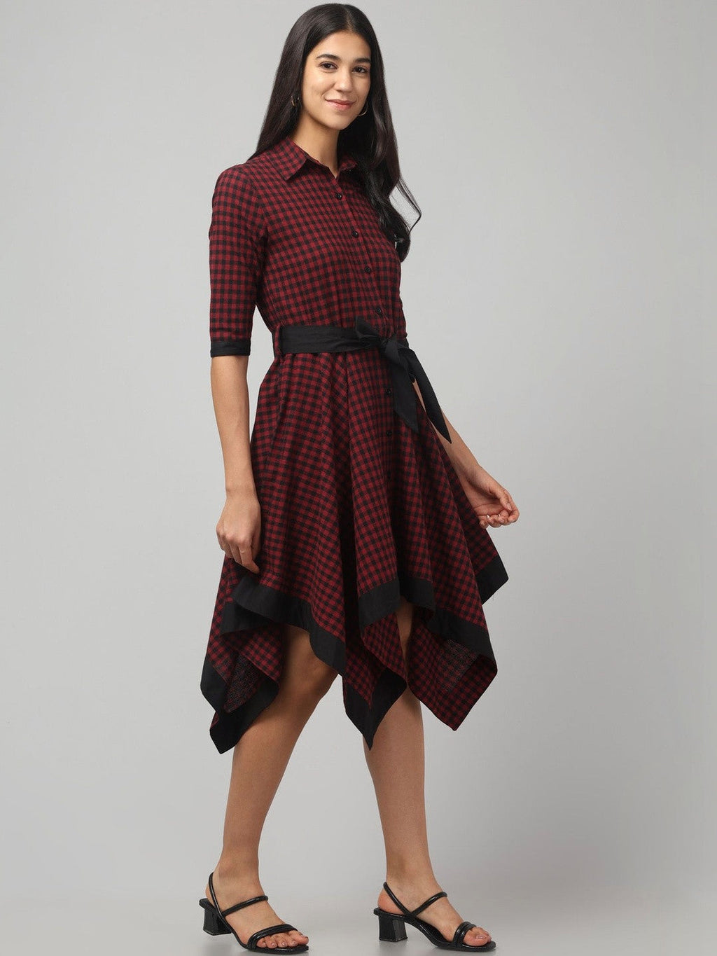 Elegant Maroon Checked Mini Dress