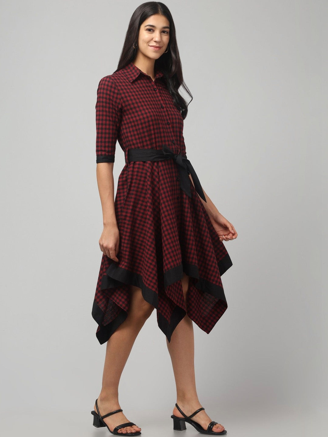 Elegant Maroon Checked Mini Dress