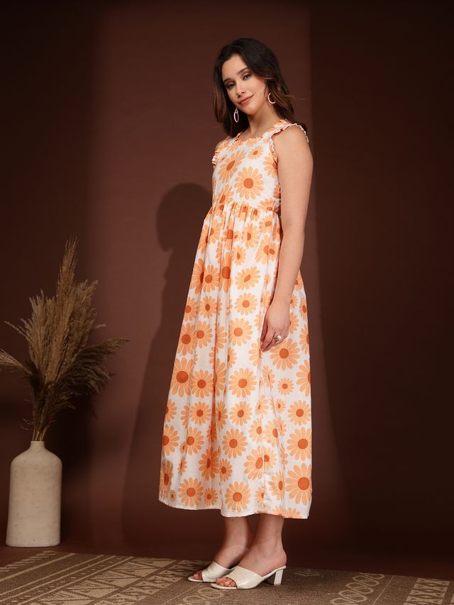 Elegant Orange Floral Fit & Flare Maxi Dress