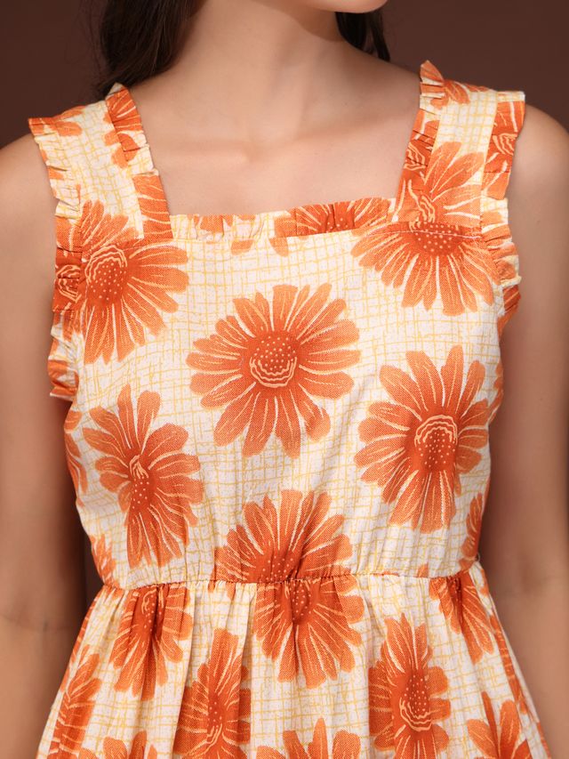 Sunset Bloom Orange Floral Midi Dress