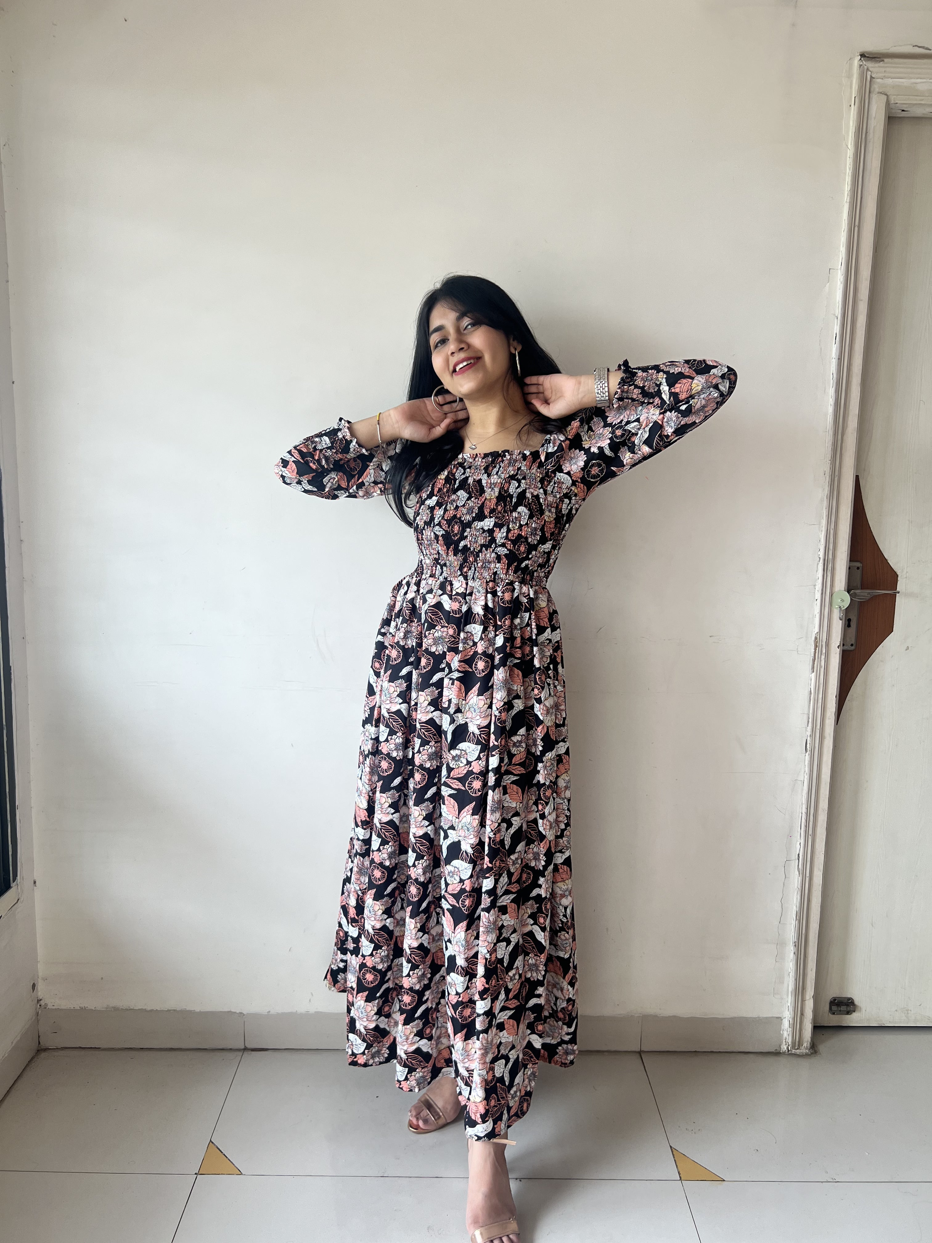 Smocked Animal Print Maxi Dress