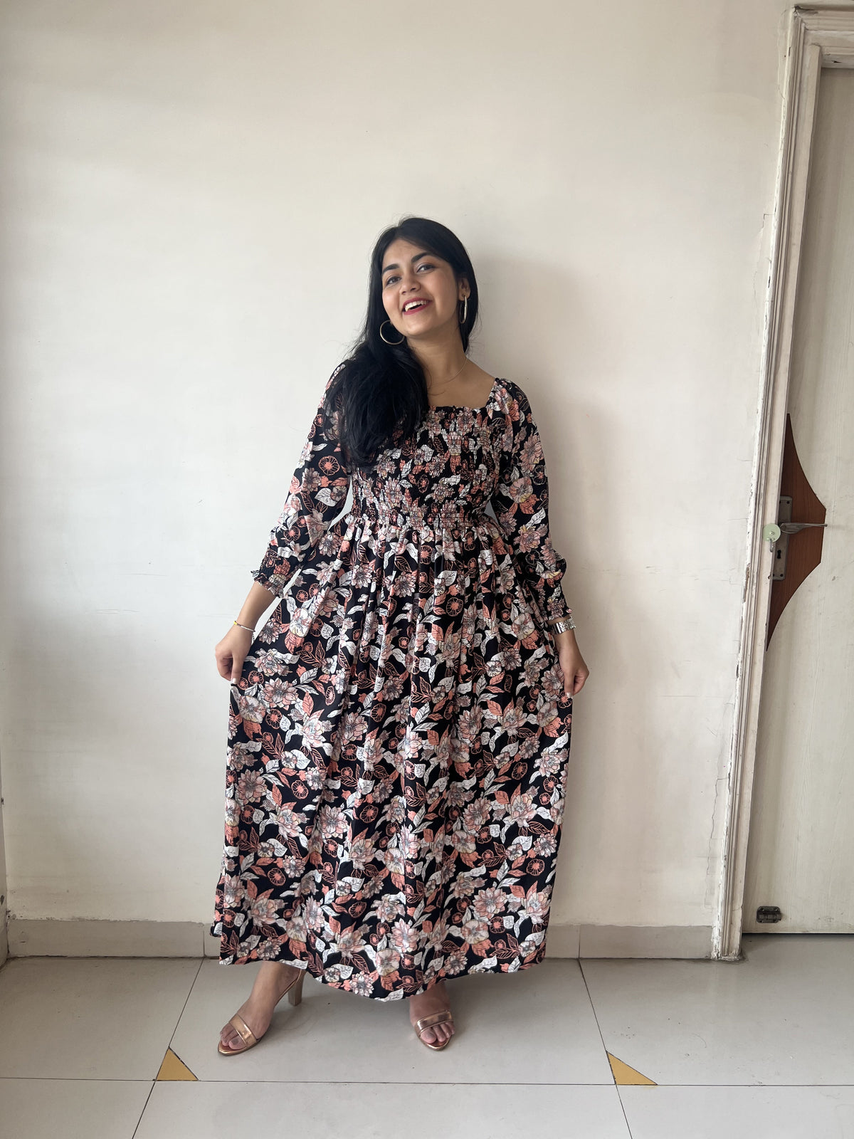 Smocked Animal Print Maxi Dress
