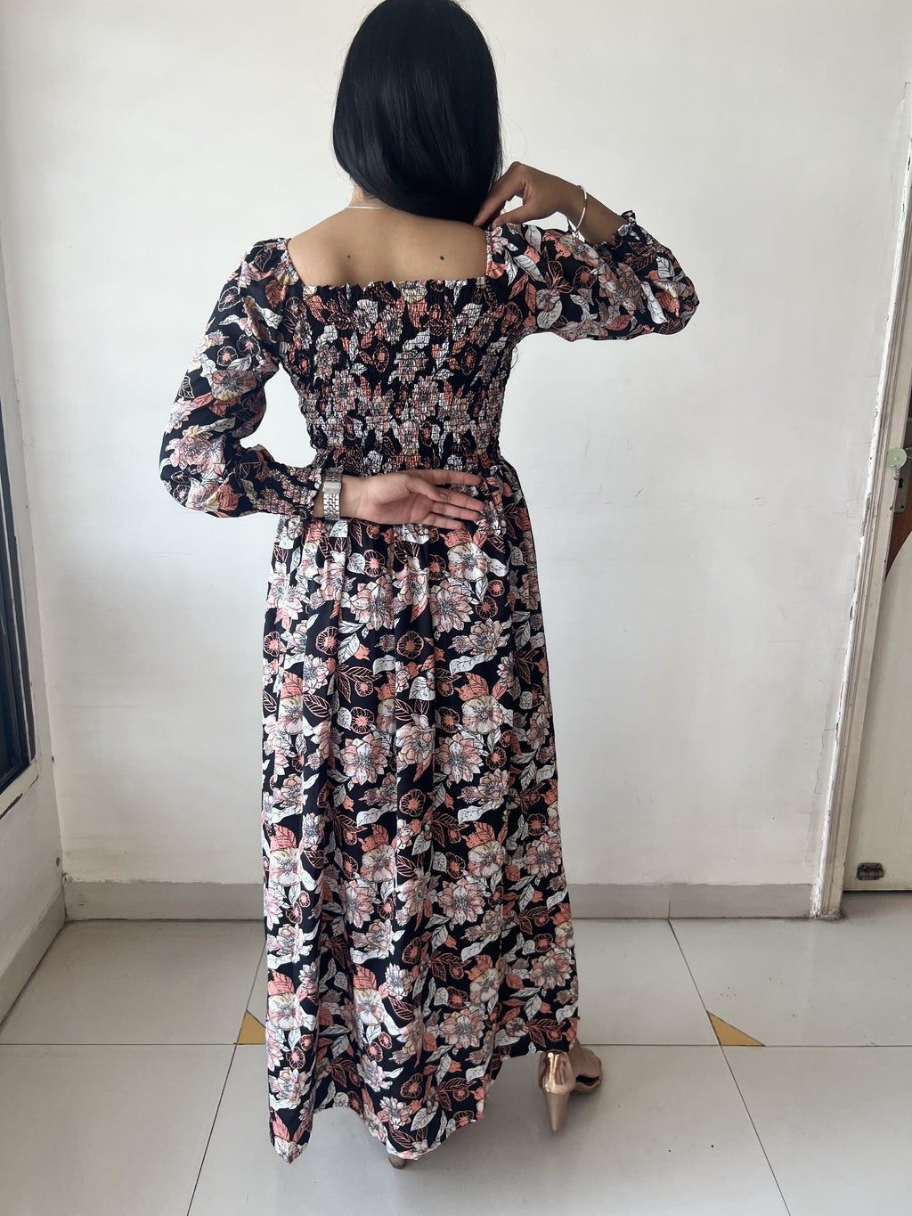 Smocked Animal Print Maxi Dress