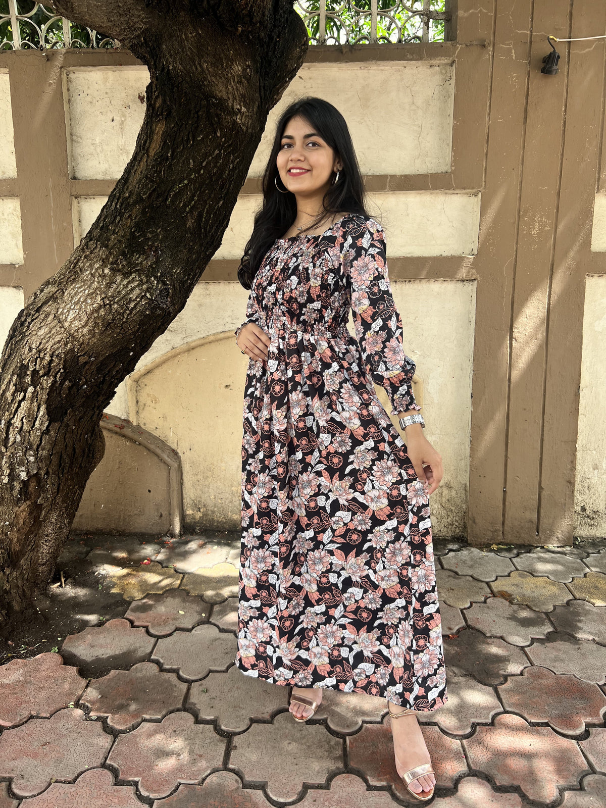 Smocked Animal Print Maxi Dress