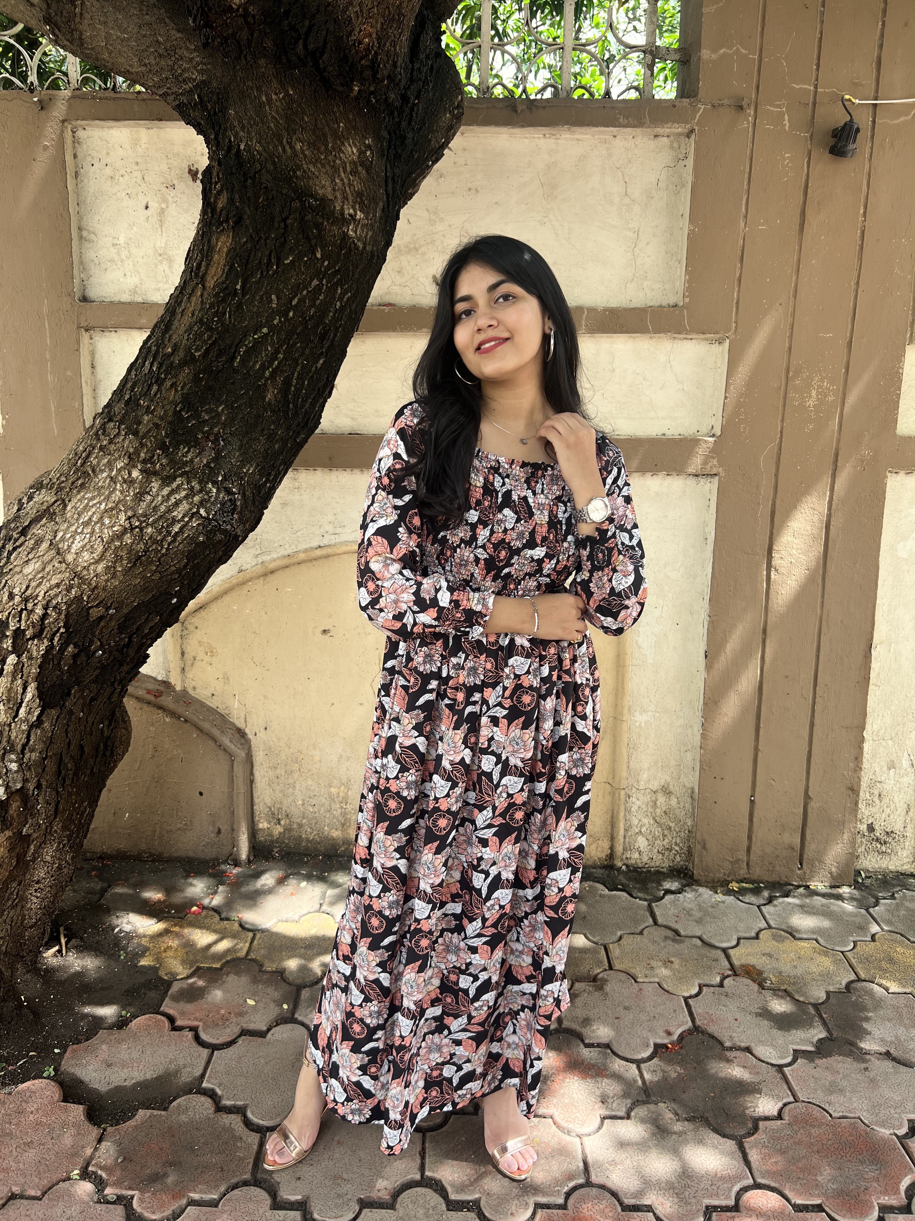 Smocked Animal Print Maxi Dress