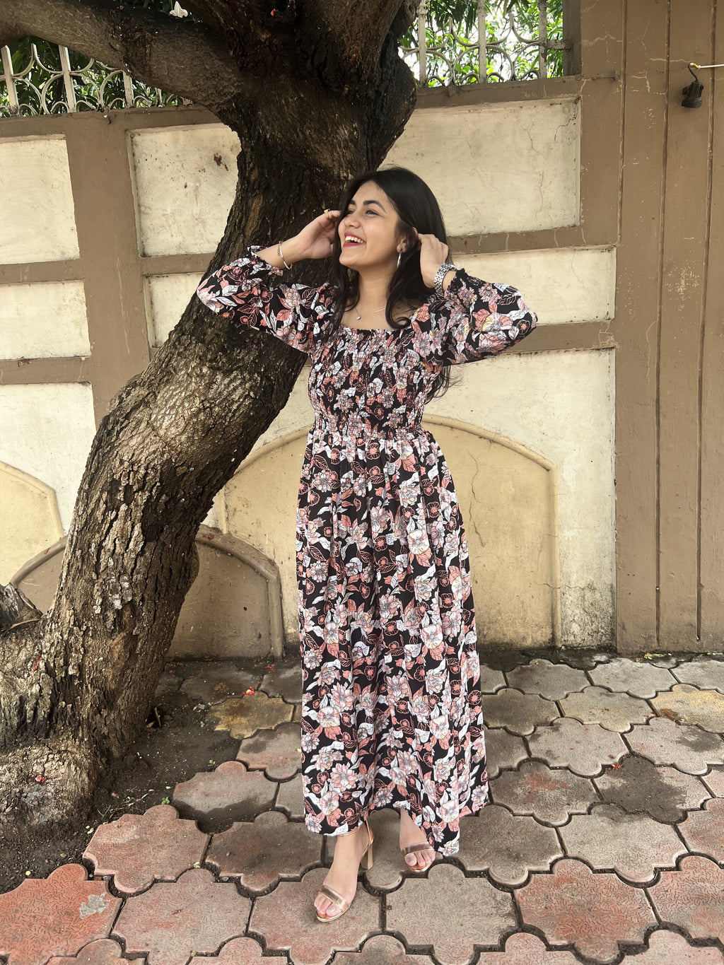 Smocked Animal Print Maxi Dress