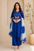 Embroidered Straight Kurta with Palazzo & Ombre Dupatta Set
