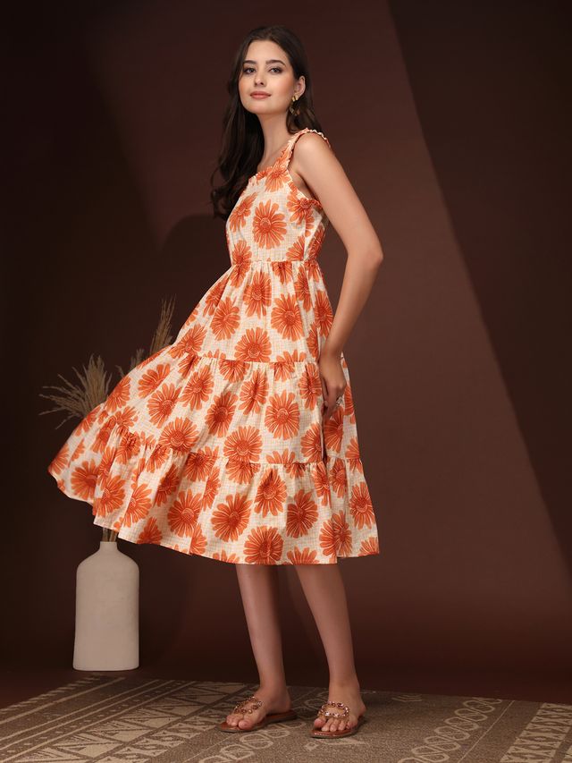 Sunset Bloom Orange Floral Midi Dress