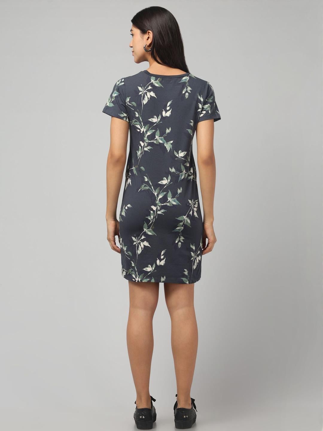 Black Floral Print Cotton T-Shirt Dress