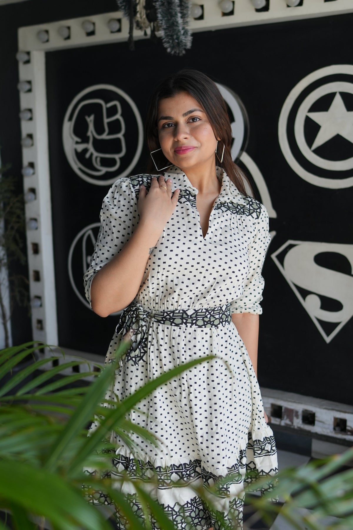 Flared Hem Geometric Print Dress with Puff Sleeves