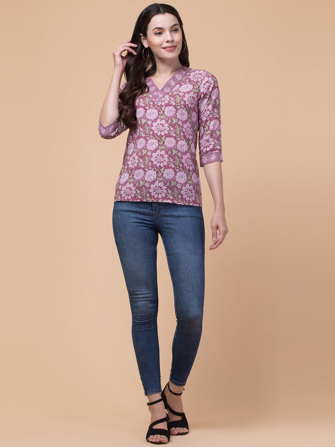 Lavender Floral V-neck Top