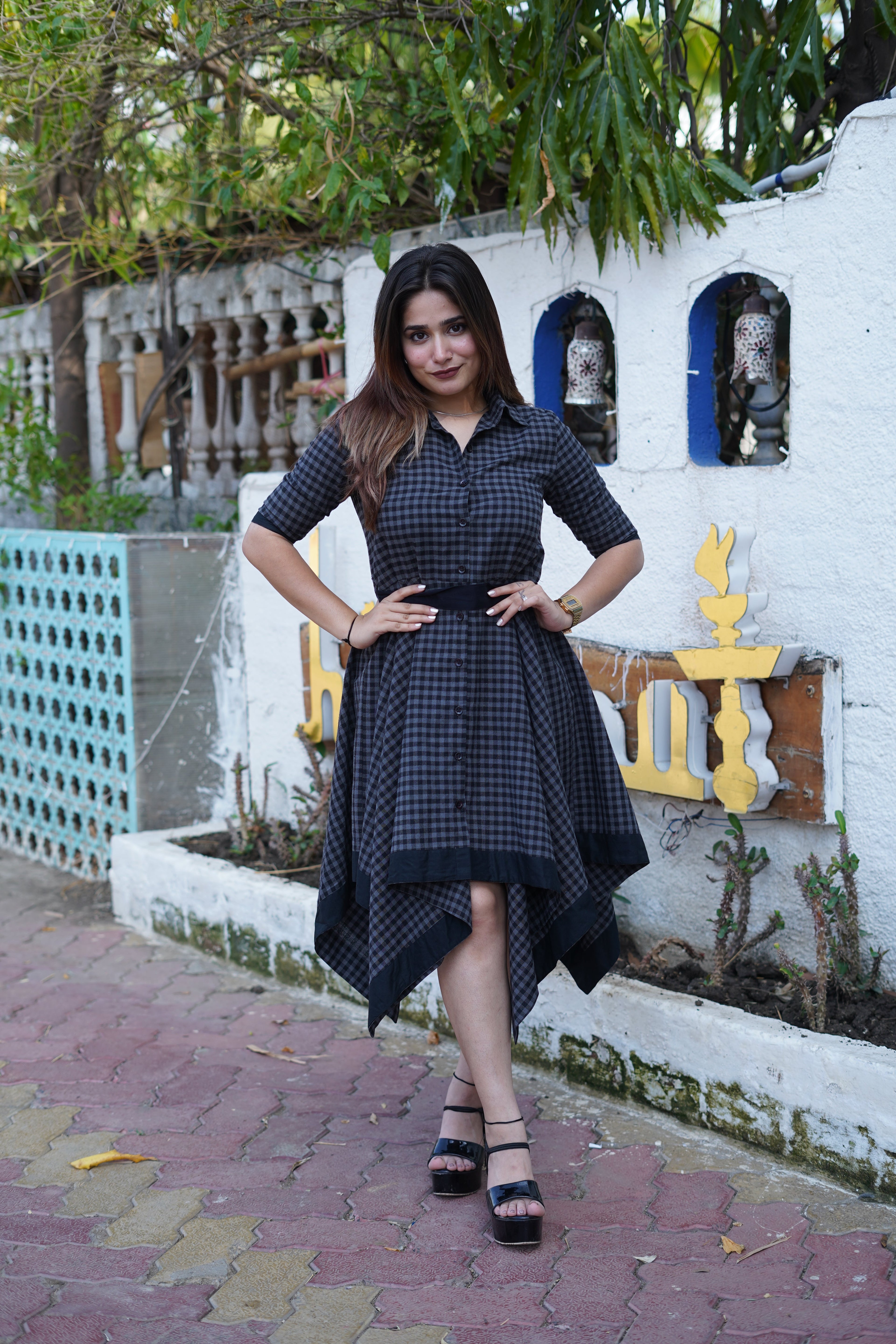 Checked Cotton Shirt Collar Dress