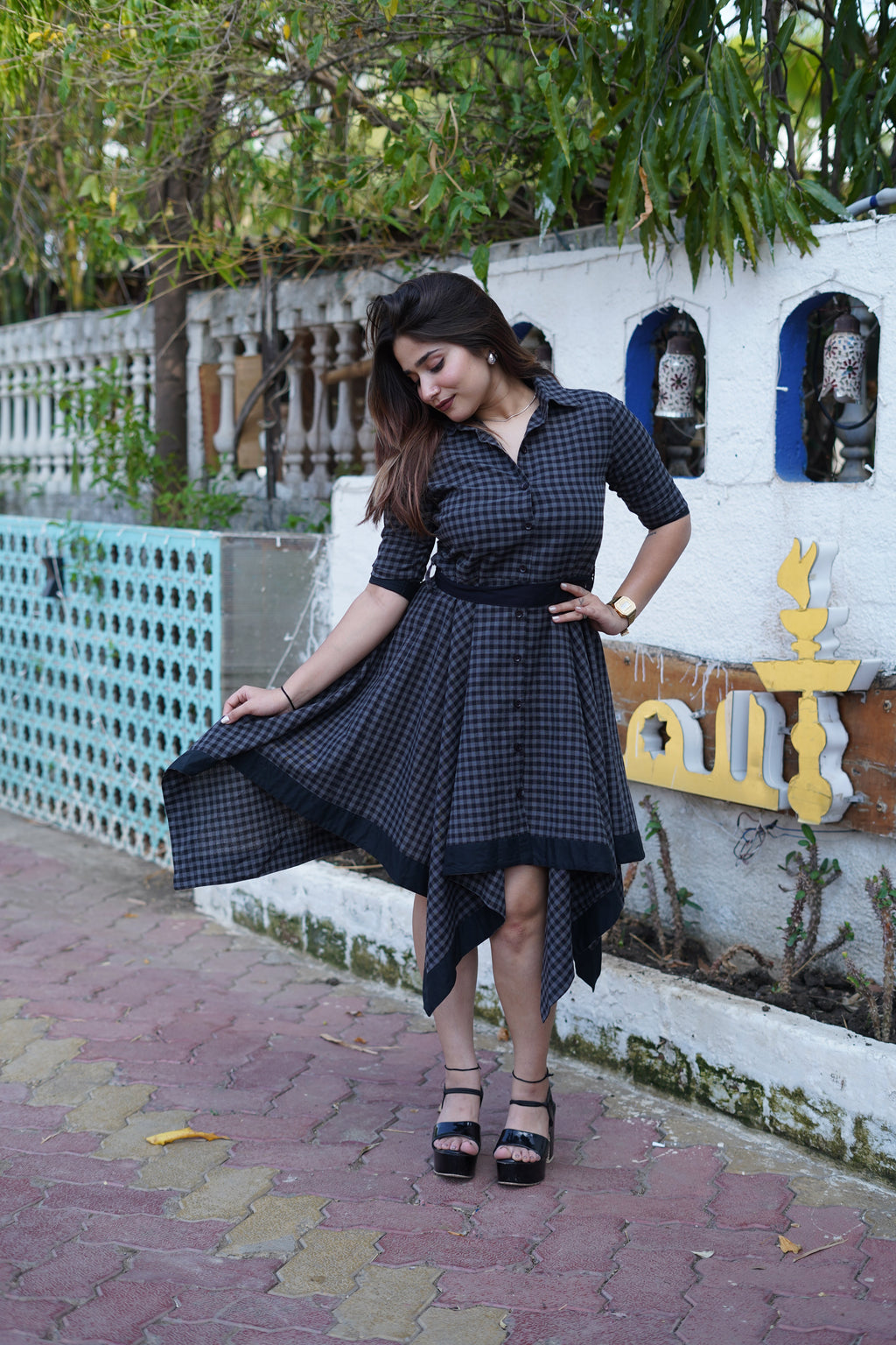 Checked Cotton Shirt Collar Dress
