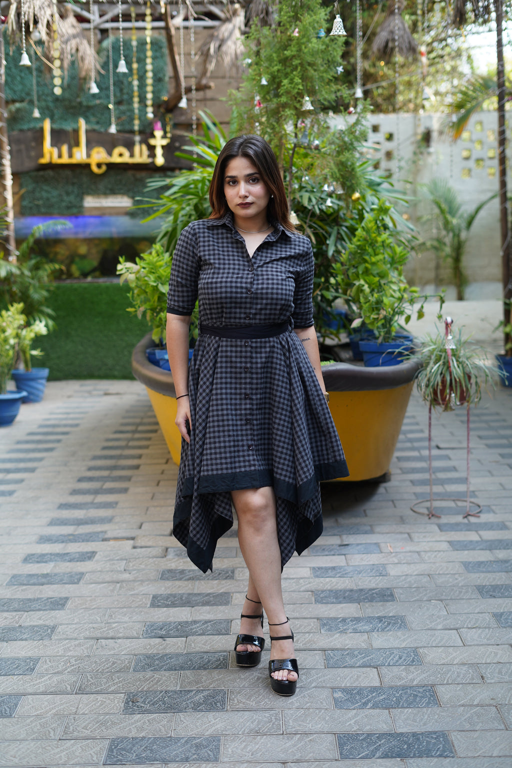Checked Cotton Shirt Collar Dress