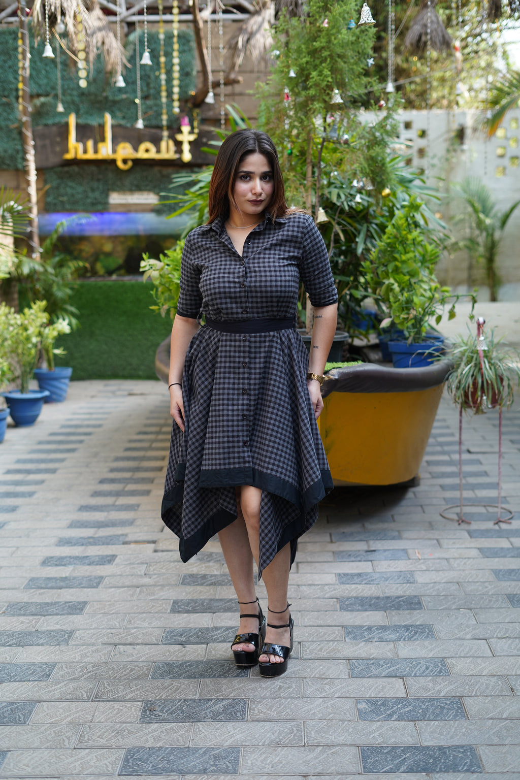 Checked Cotton Shirt Collar Dress